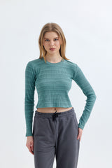 Çağla Fitilli Kaşkorse Bisiklet Yaka Uzun Kollu Crop Tişört