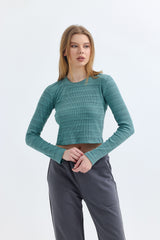 Çağla Fitilli Kaşkorse Bisiklet Yaka Uzun Kollu Crop Tişört