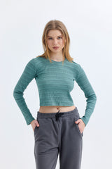 Çağla Fitilli Kaşkorse Bisiklet Yaka Uzun Kollu Crop Tişört