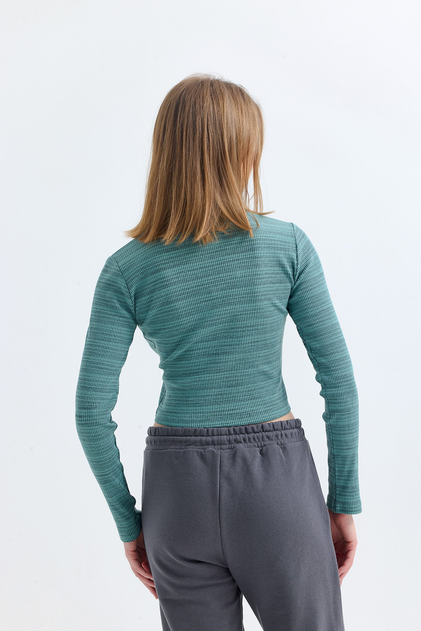 Çağla Fitilli Kaşkorse Bisiklet Yaka Uzun Kollu Crop Tişört