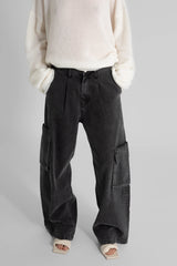 Siyah Yüksek Bel Yan Cepli Pamuklu Oversize Kargo Jean