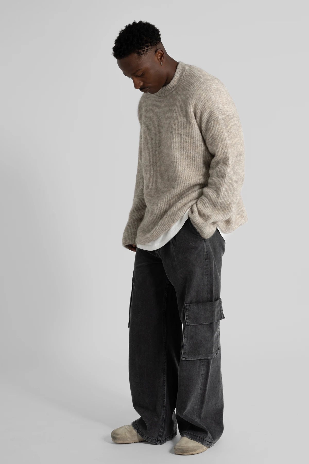 Siyah Yüksek Bel Yan Cepli Pamuklu Oversize Kargo Jean