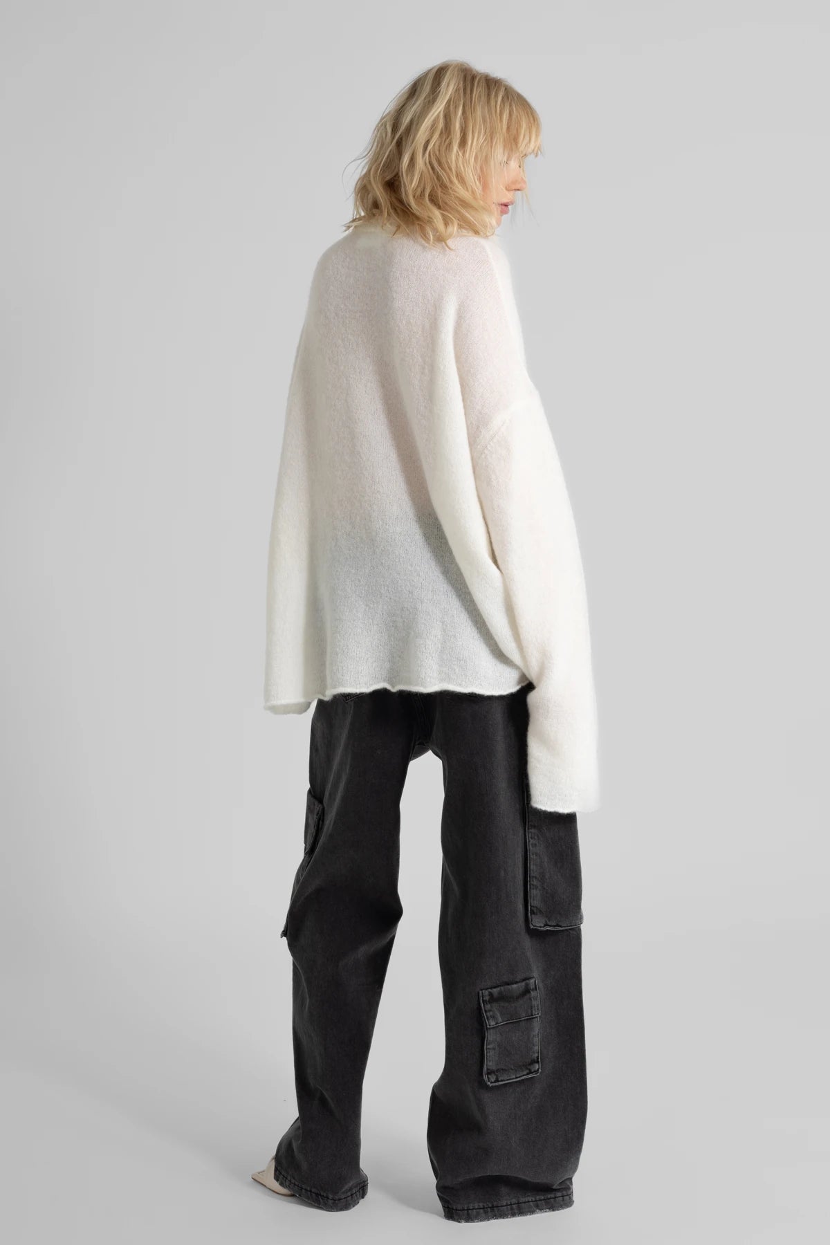 Siyah Yüksek Bel Yan Cepli Pamuklu Oversize Kargo Jean