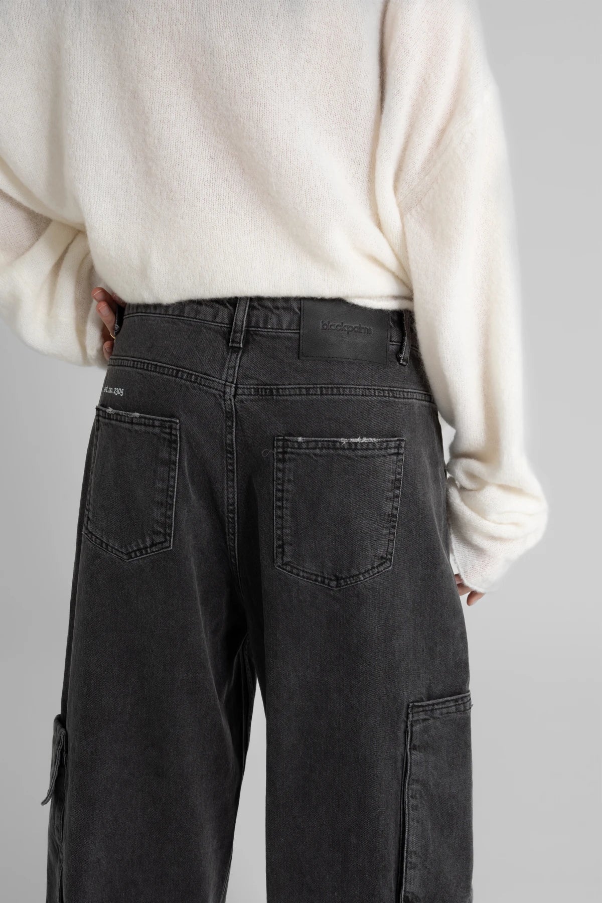 Siyah Yüksek Bel Yan Cepli Pamuklu Oversize Kargo Jean