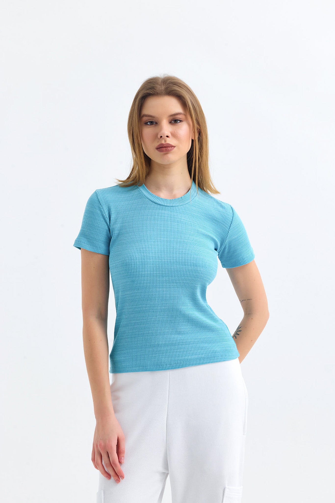 Mavi Fitilli Kaşkorse Bisiklet Yaka Kısa Kollu Tişört