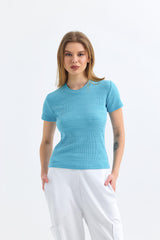 Mavi Fitilli Kaşkorse Bisiklet Yaka Kısa Kollu Tişört