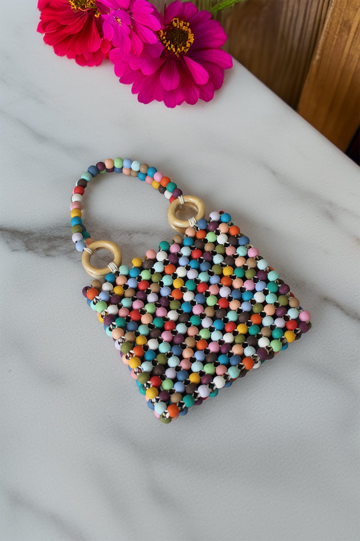 Çok Renkli Mini Boy Boncuk Çanta Halka Detaylı El Çantası