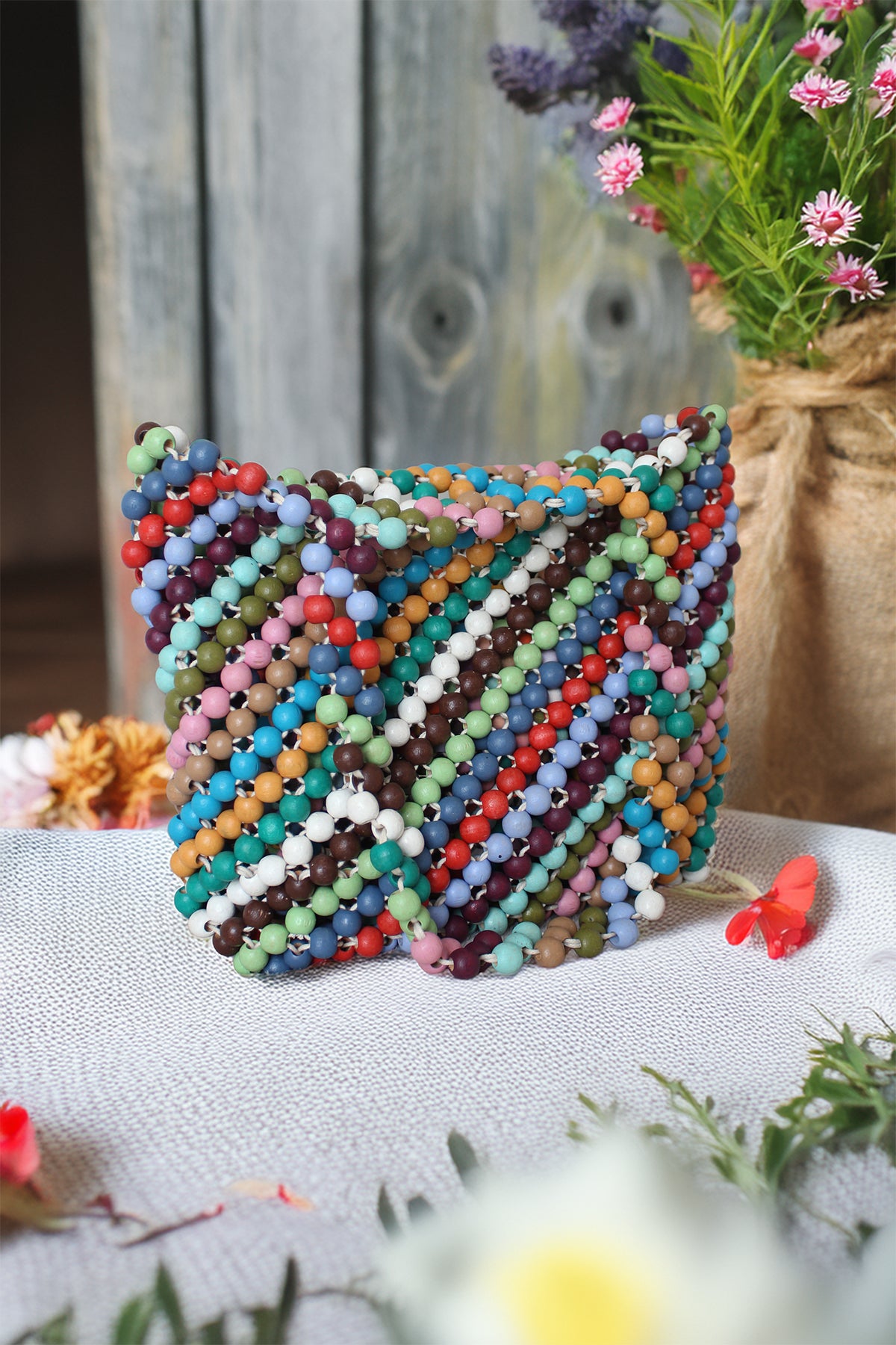 Çok Renkli Büyük Boy Boncuk Çanta Halka Detaylı Omuz Çantası