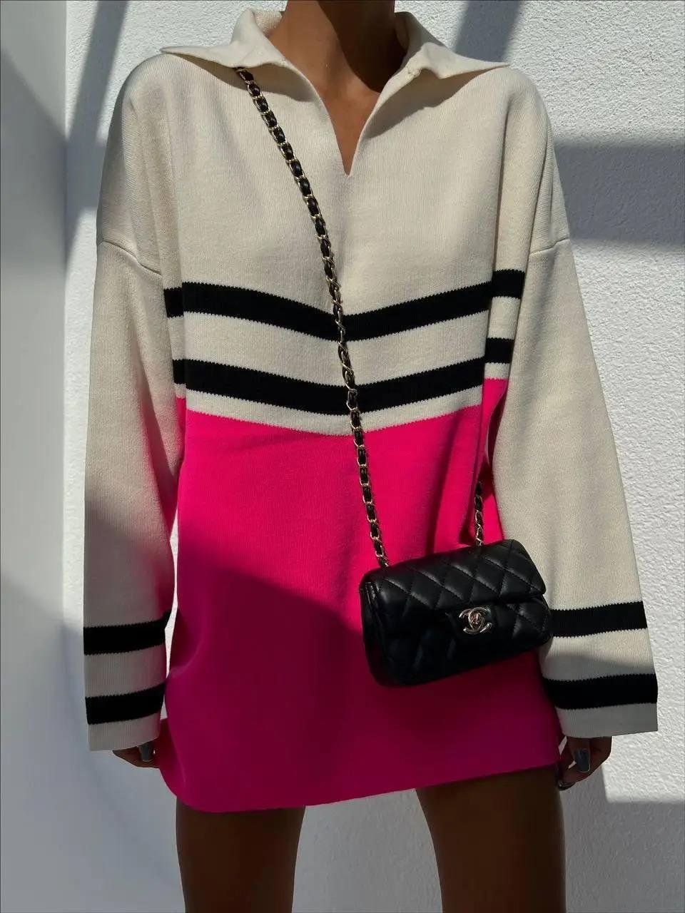 Bej Polo Yaka Çizgili Oversize Pembe Detaylı Triko Kazak