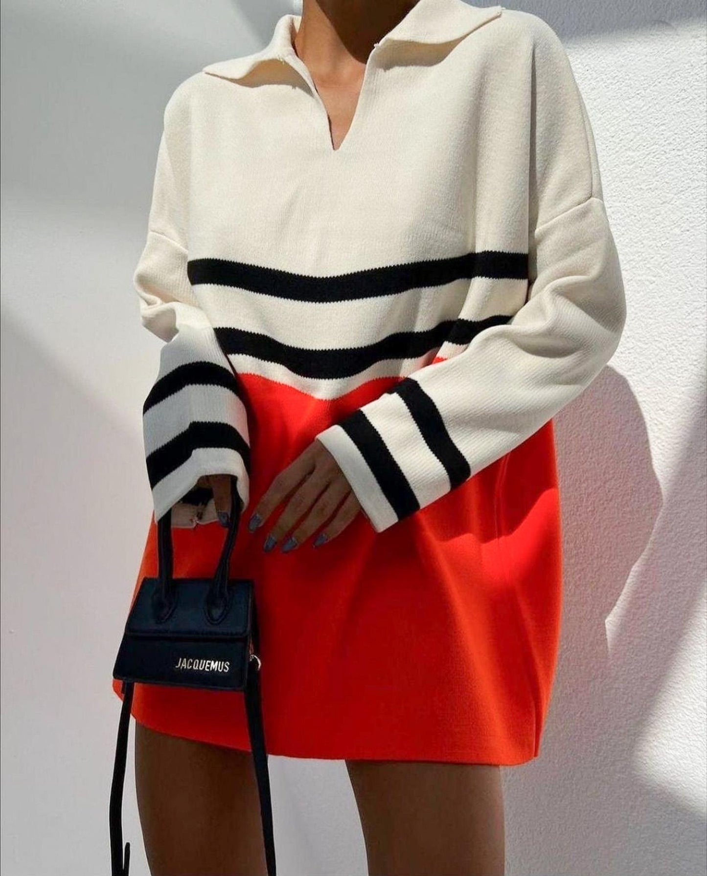 Bej Polo Yaka Çizgili Oversize Turuncu Detaylı Triko Kazak