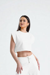 Beyaz Basic Kolsuz Crop Sweatshirt