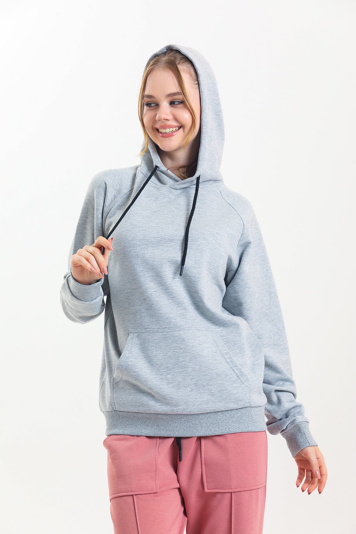 Gri Kapüşonlu Kanguru Cepli Basic Kapüşonlu Sweatshirt