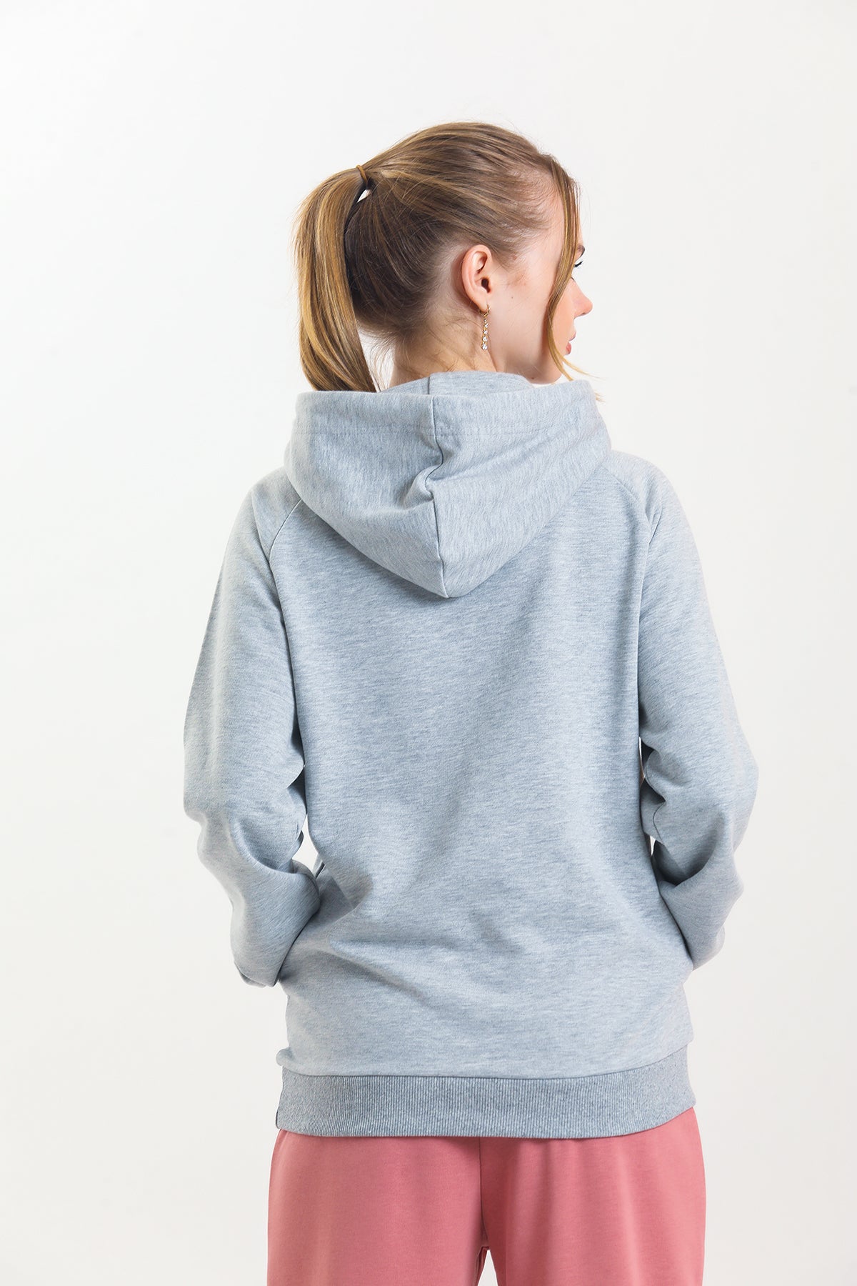 Gri Kapüşonlu Kanguru Cepli Basic Kapüşonlu Sweatshirt