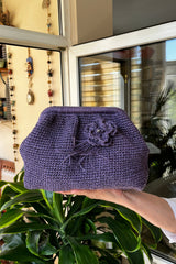 Lila Çiçek Detaylı Astarlı El Örgüsü Tığ İşi Gizli Burslu El Çantası