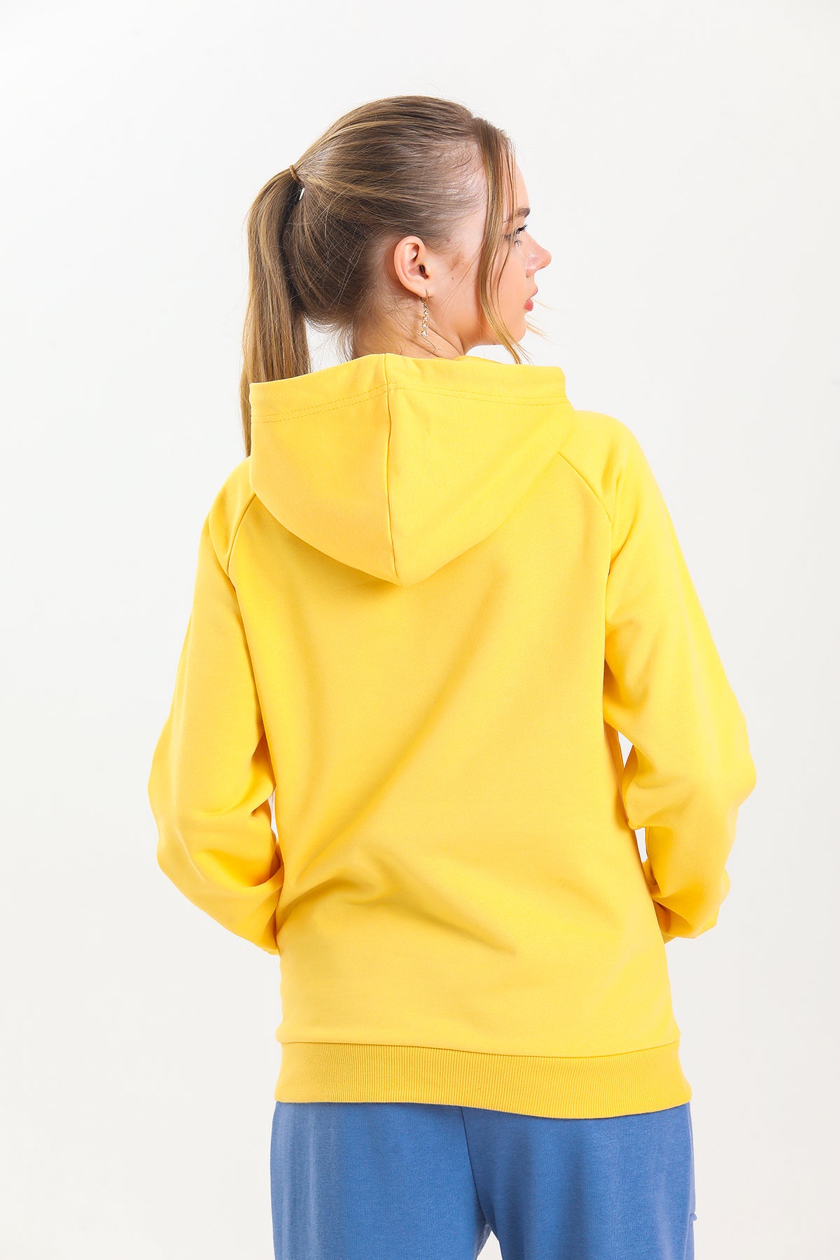 Sarı Kapüşonlu Kanguru Cepli Basic Kapüşonlu Sweatshirt