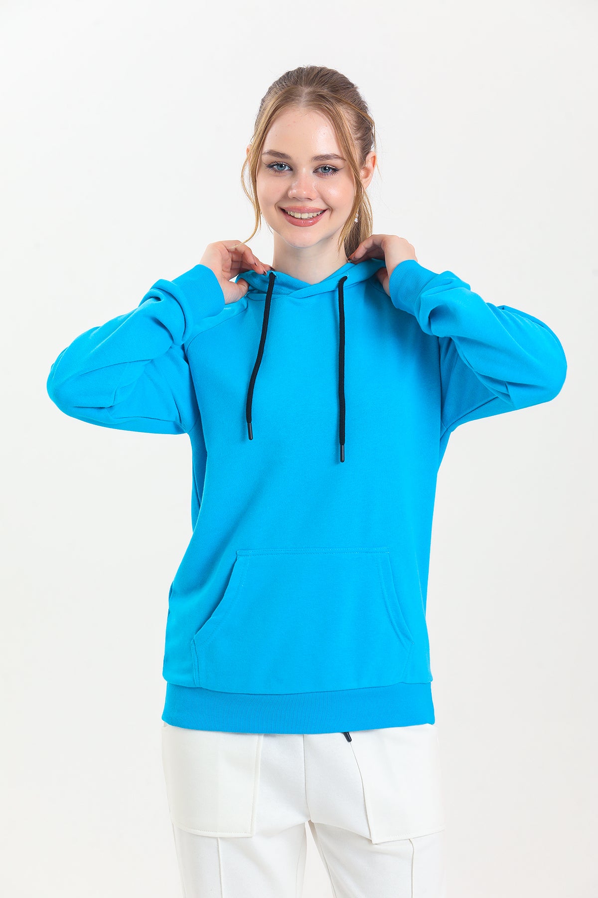 Turkuaz Kapüşonlu Kanguru Cepli Basic Kapüşonlu Sweatshirt