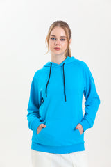 Turkuaz Kapüşonlu Kanguru Cepli Basic Kapüşonlu Sweatshirt