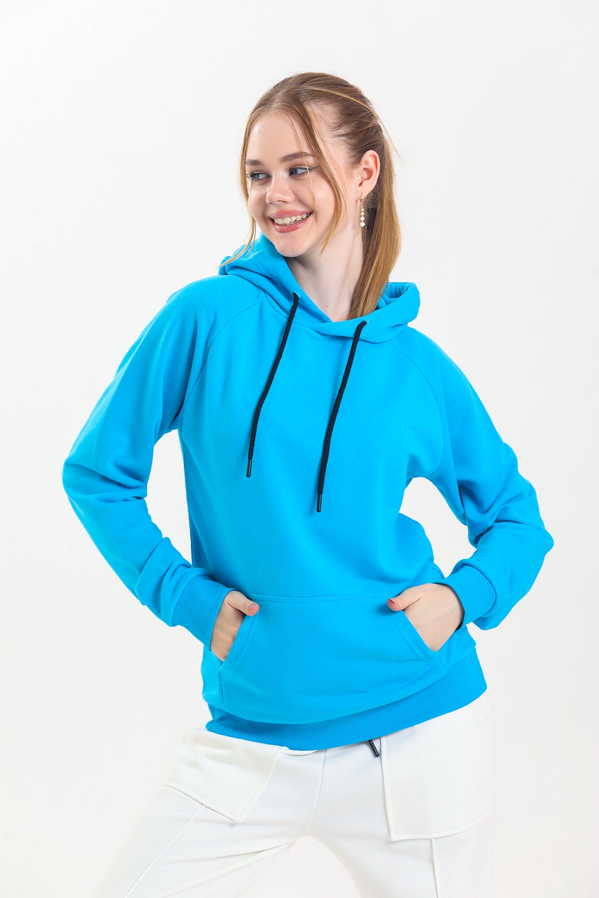 Turkuaz Kapüşonlu Kanguru Cepli Basic Kapüşonlu Sweatshirt