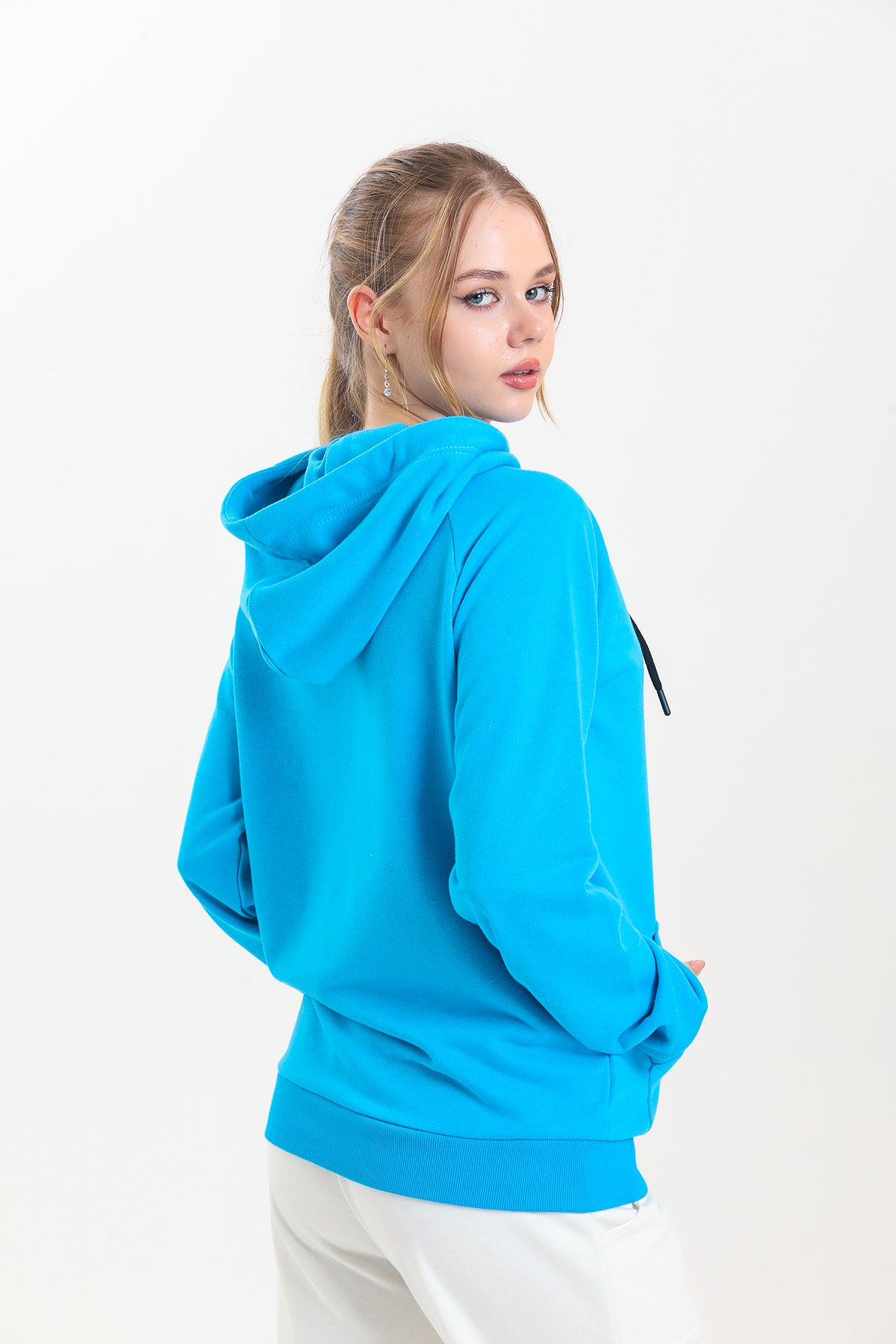 Turkuaz Kapüşonlu Kanguru Cepli Basic Kapüşonlu Sweatshirt