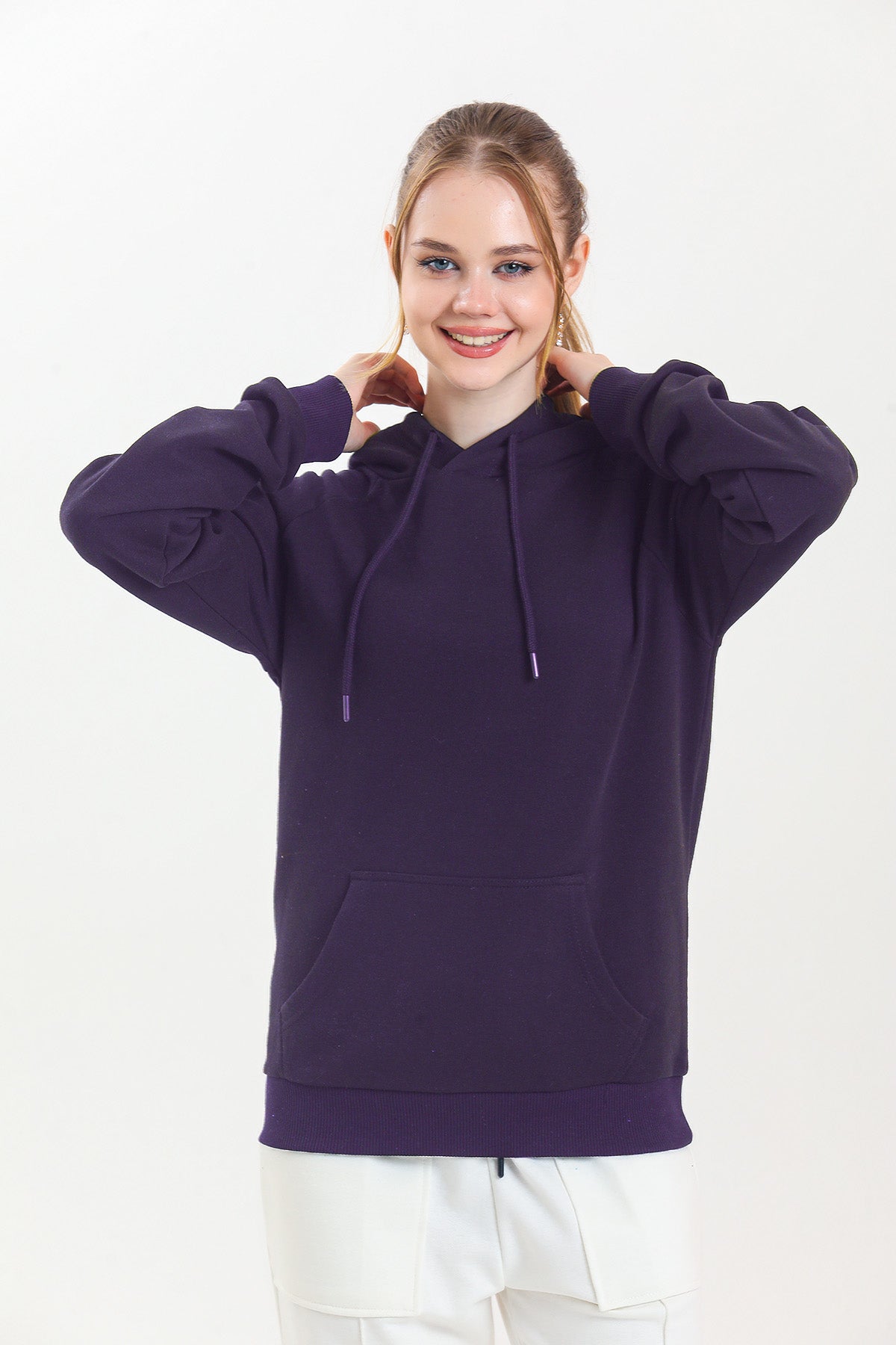 Mor Kapüşonlu Kanguru Cepli Basic Kapüşonlu Sweatshirt