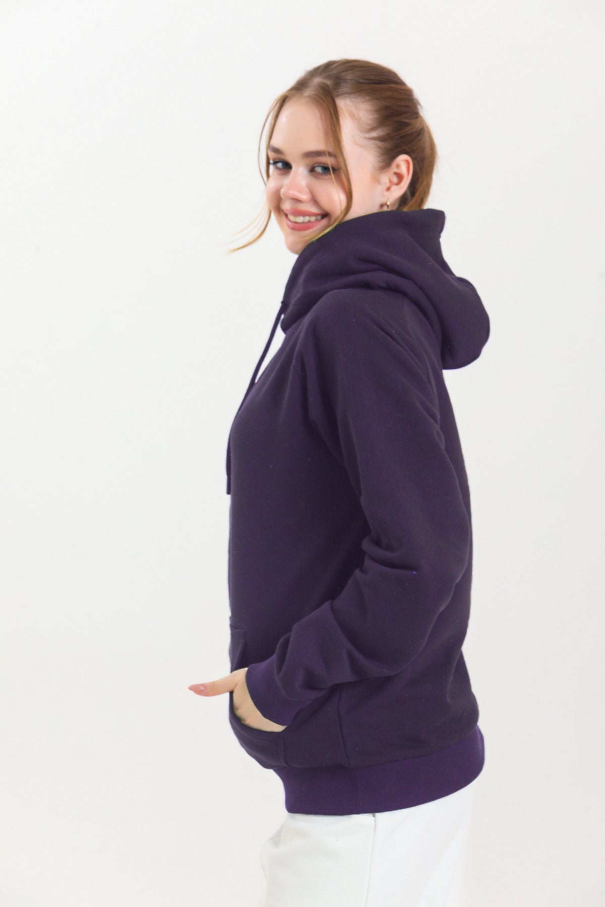 Mor Kapüşonlu Kanguru Cepli Basic Kapüşonlu Sweatshirt
