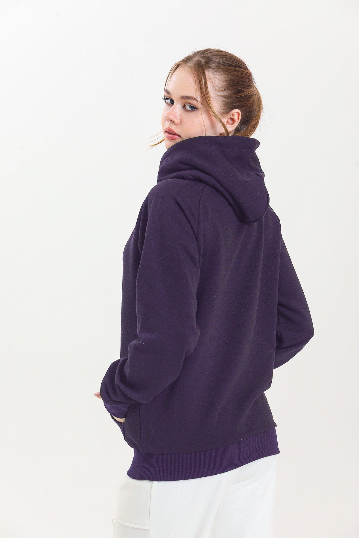 Mor Kapüşonlu Kanguru Cepli Basic Kapüşonlu Sweatshirt