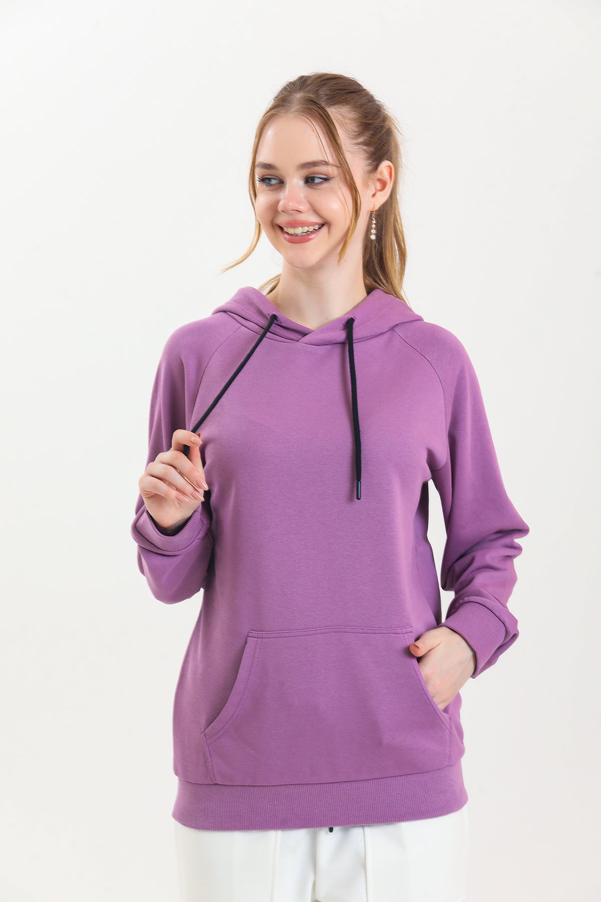 Lila Kapüşonlu Kanguru Cepli Basic Kapüşonlu Sweatshirt