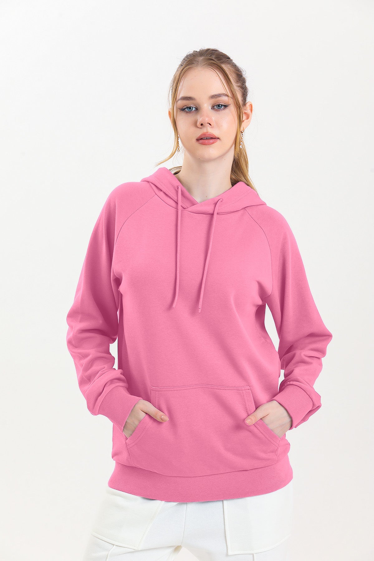 Pembe Kapüşonlu Kanguru Cepli Basic Kapüşonlu Sweatshirt