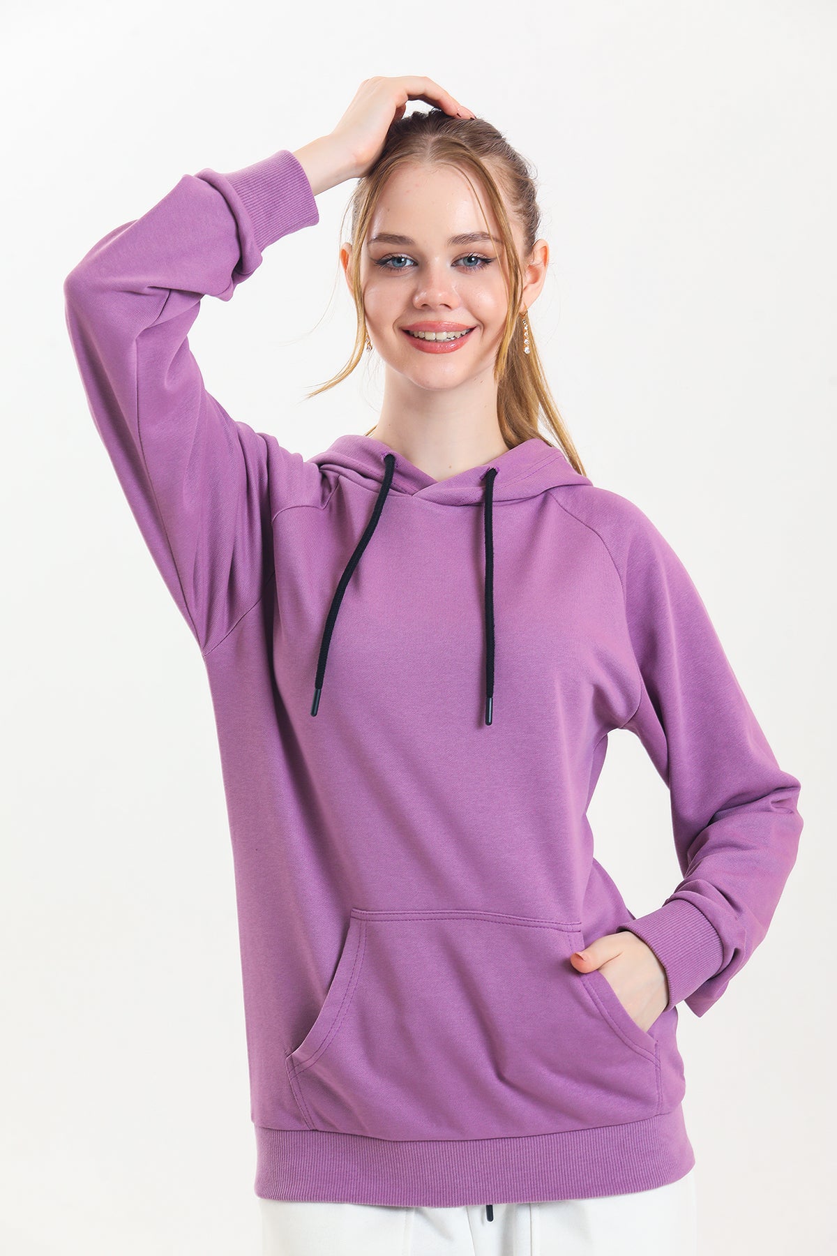 Lila Kapüşonlu Kanguru Cepli Basic Kapüşonlu Sweatshirt
