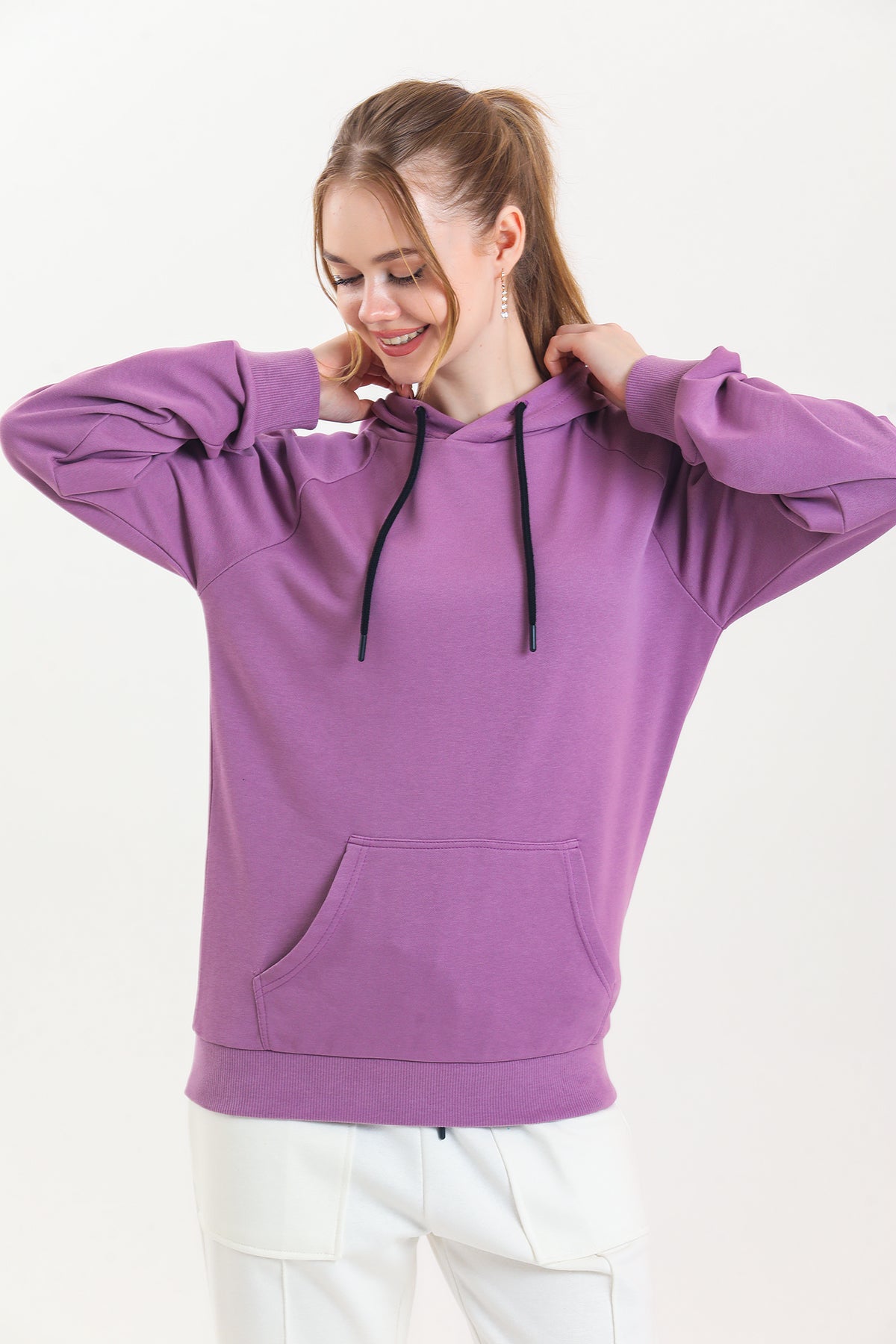 Lila Kapüşonlu Kanguru Cepli Basic Kapüşonlu Sweatshirt