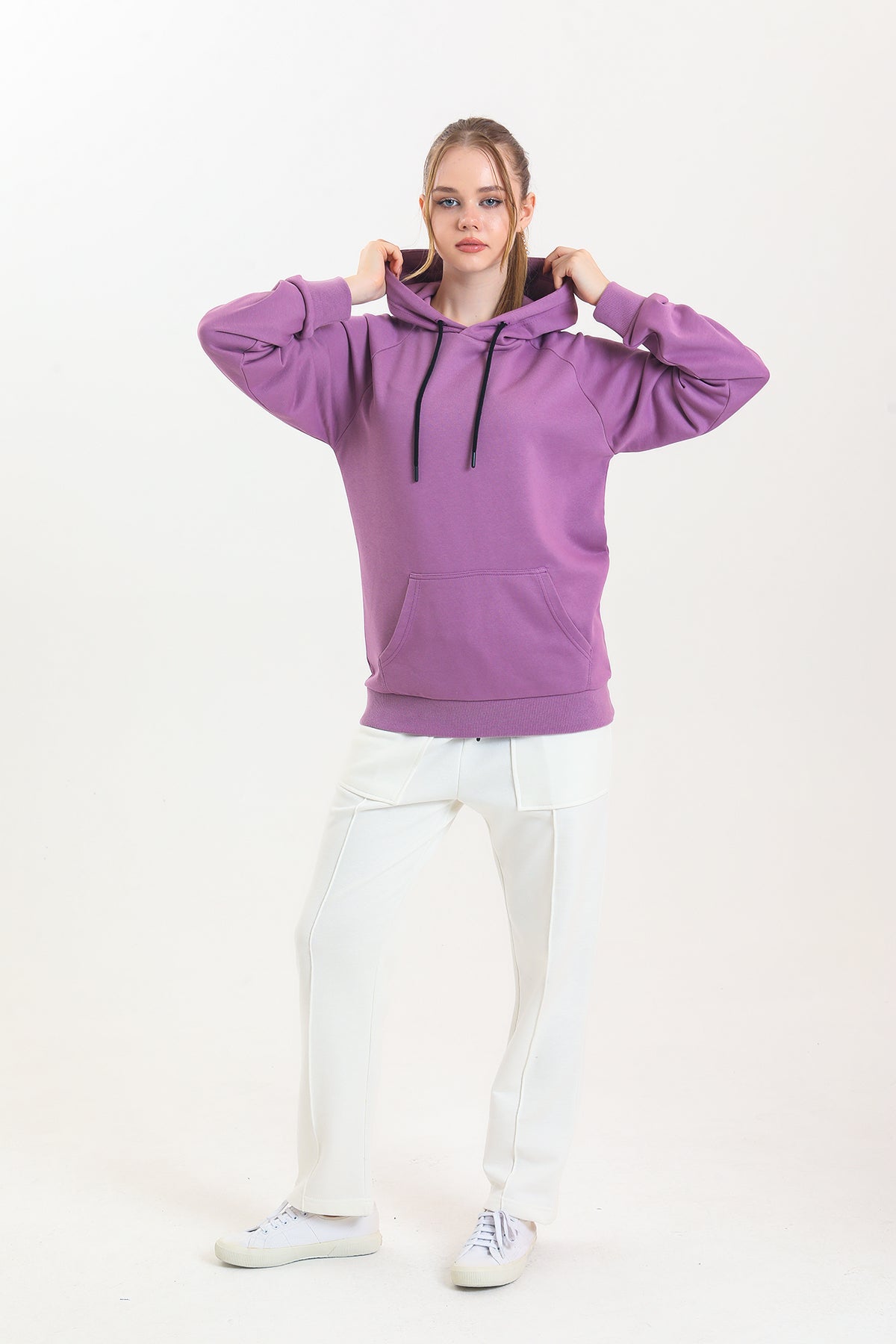Lila Kapüşonlu Kanguru Cepli Basic Kapüşonlu Sweatshirt