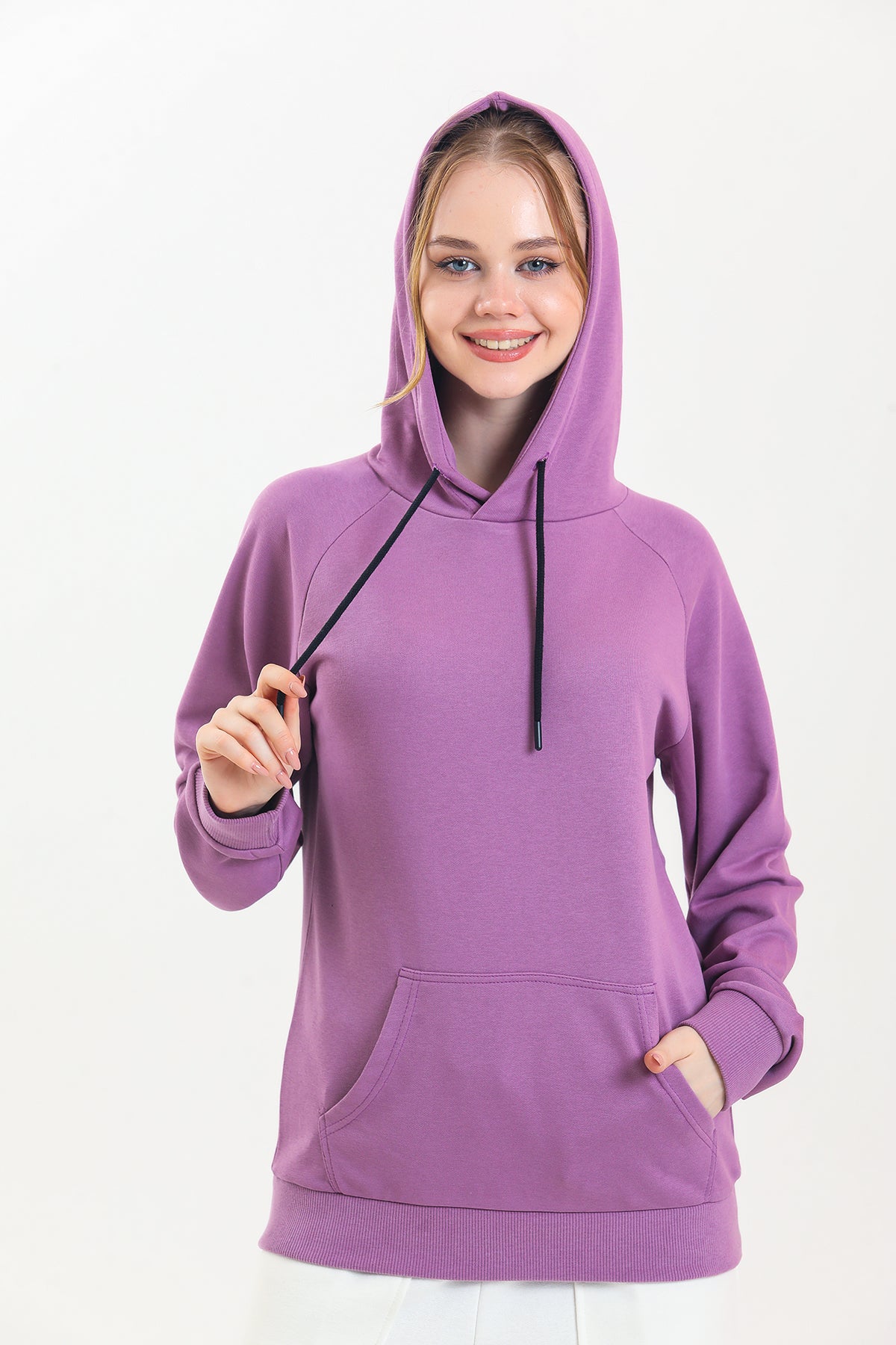 Lila Kapüşonlu Kanguru Cepli Basic Kapüşonlu Sweatshirt