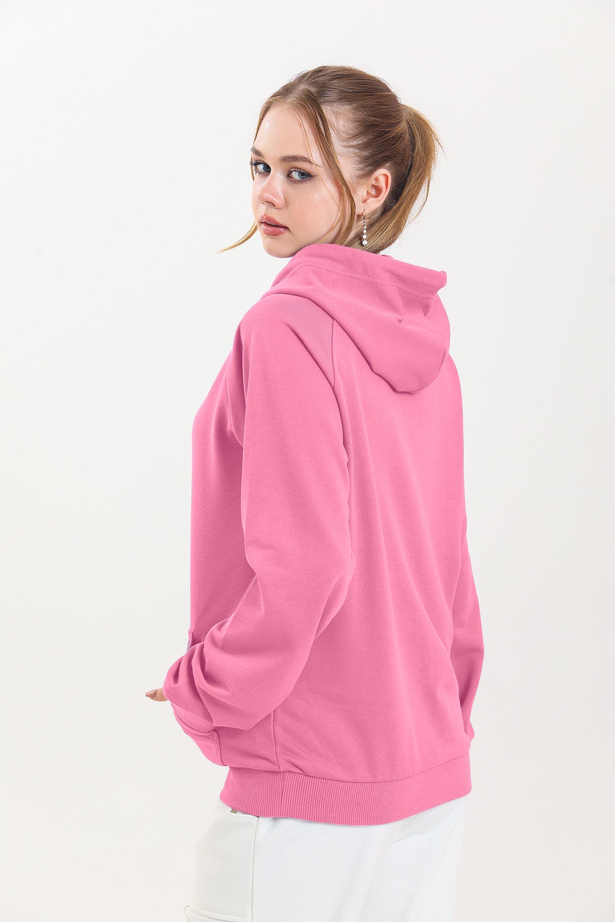 Pembe Kapüşonlu Kanguru Cepli Basic Kapüşonlu Sweatshirt