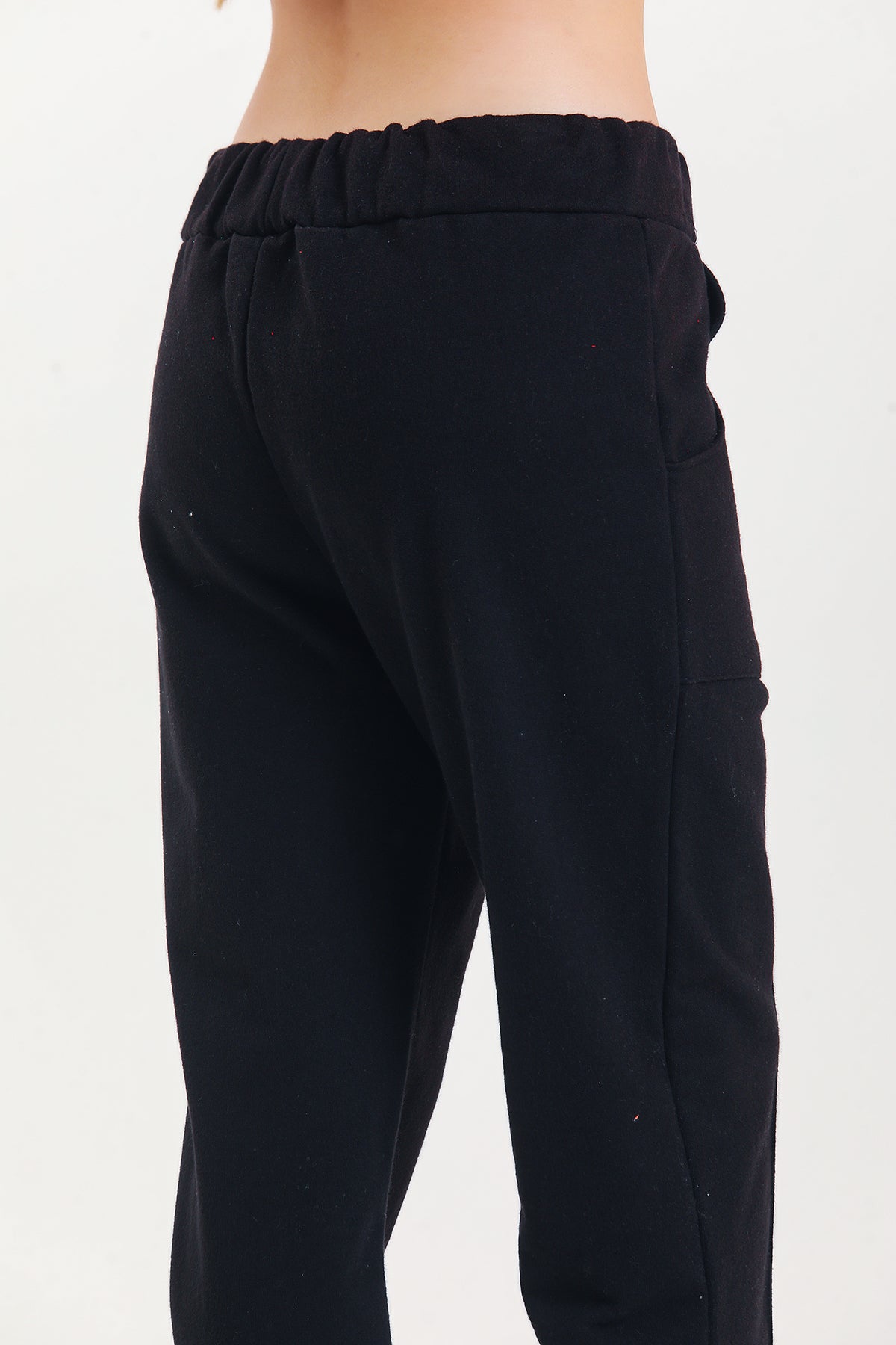 Siyah Yüksek Bel Takma Cepli %100 Pamuklu Eşofman Altı