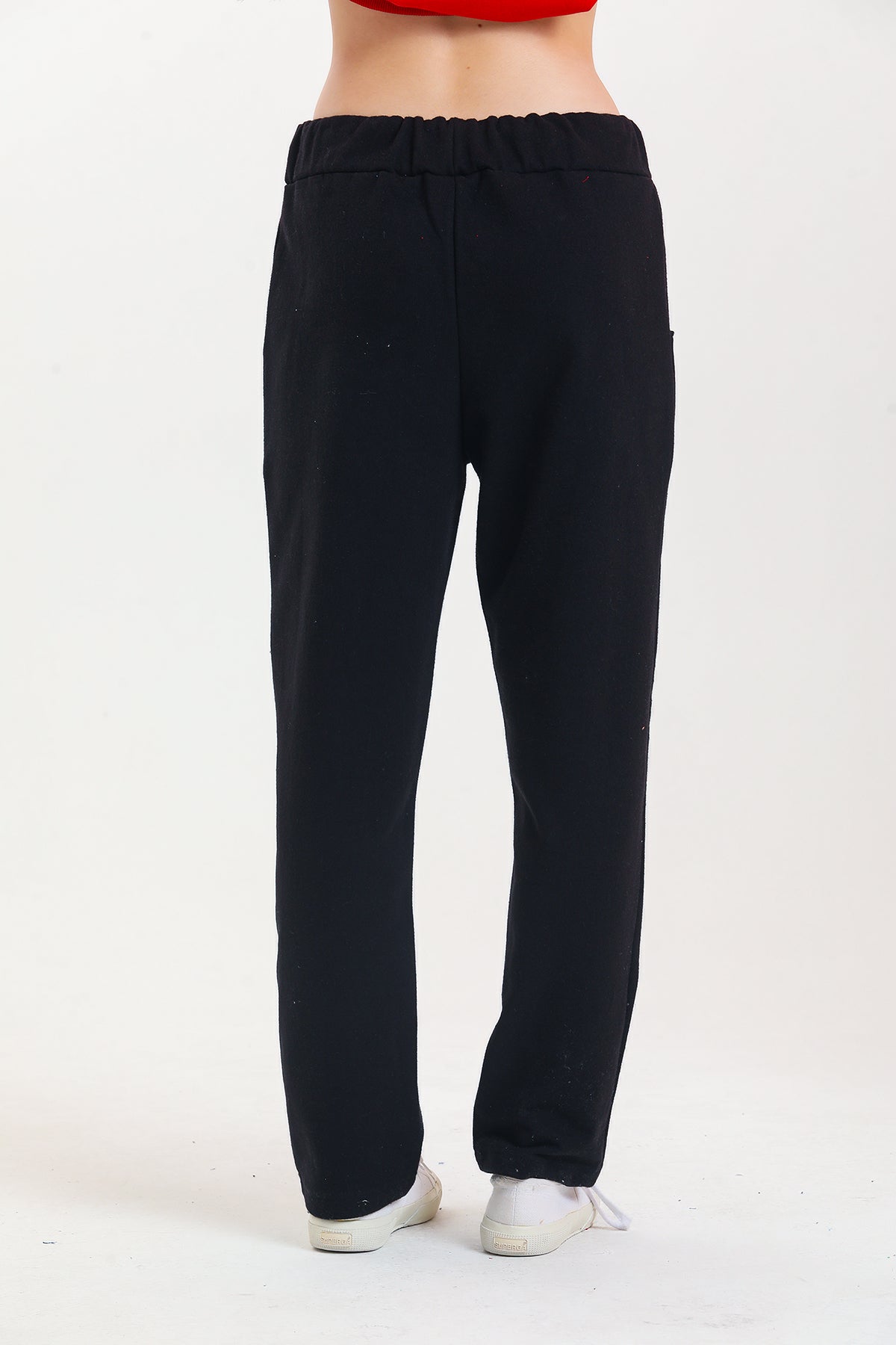 Siyah Yüksek Bel Takma Cepli %100 Pamuklu Eşofman Altı