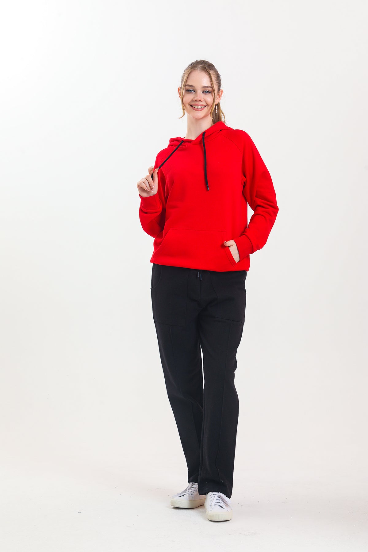 Siyah Yüksek Bel Takma Cepli %100 Pamuklu Eşofman Altı