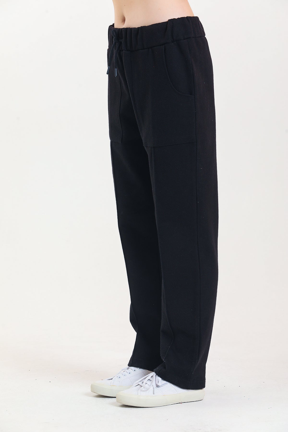 Siyah Yüksek Bel Takma Cepli %100 Pamuklu Eşofman Altı