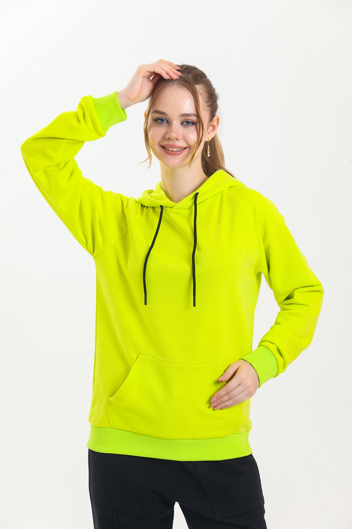 Limon Sarısı Kapüşonlu Kanguru Cepli Basic Kapüşonlu Sweatshirt