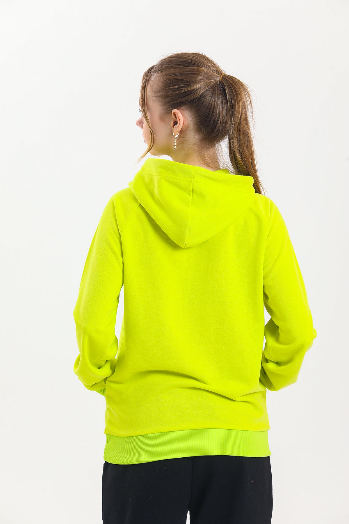 Limon Sarısı Kapüşonlu Kanguru Cepli Basic Kapüşonlu Sweatshirt