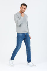 Gri Melanj Kapüşonsuz Bisiklet Yaka Basic Sweatshirt