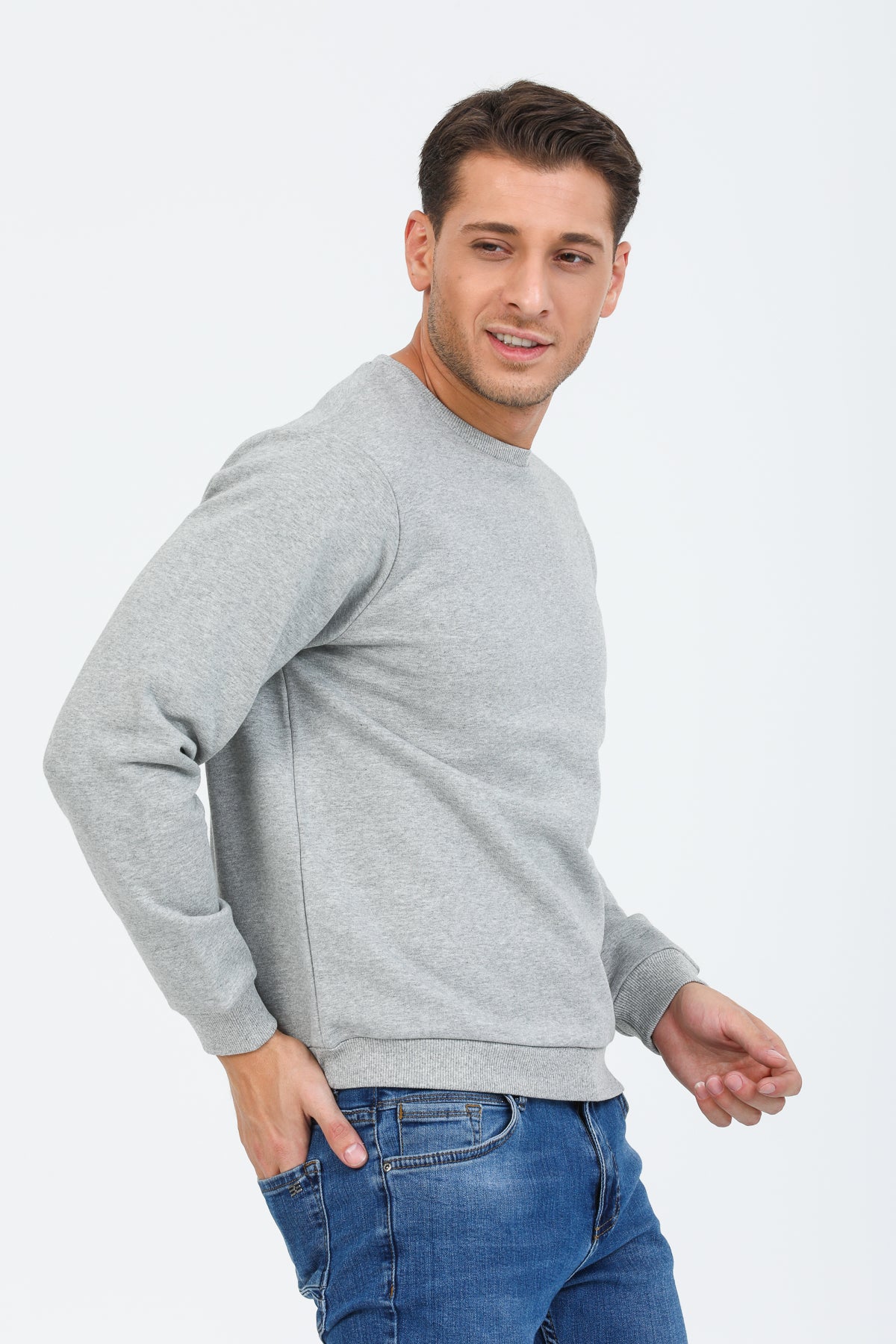 Gri Melanj Kapüşonsuz Bisiklet Yaka Basic Sweatshirt