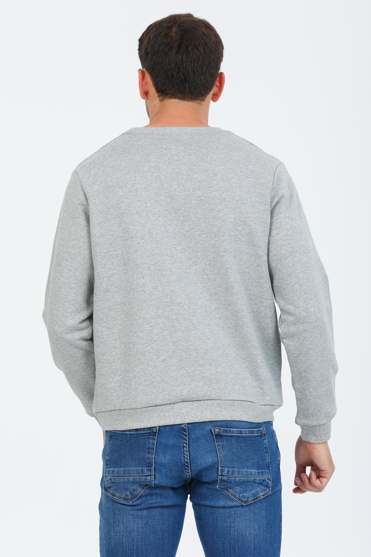 Gri Melanj Kapüşonsuz Bisiklet Yaka Basic Sweatshirt