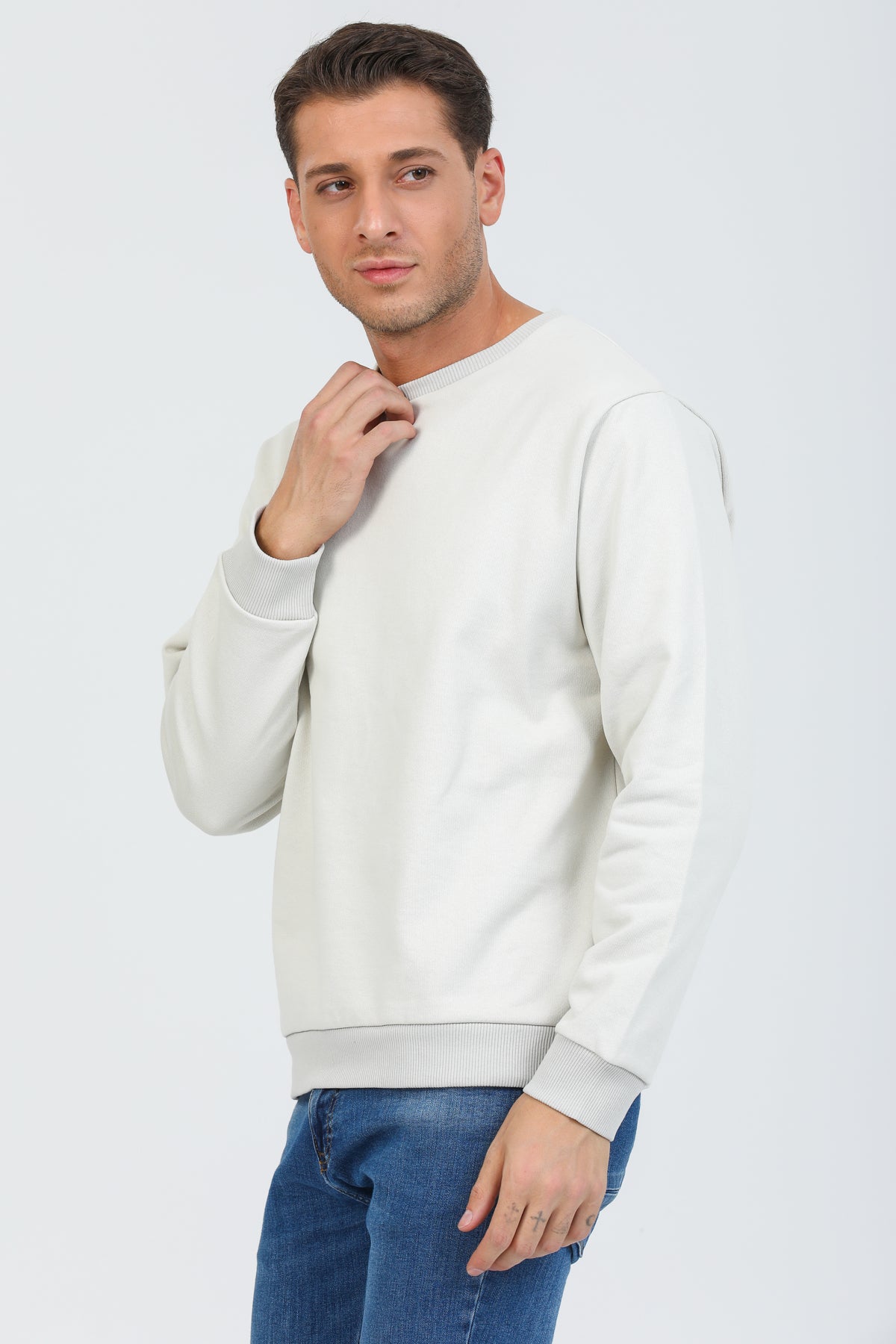 Bej Kapüşonsuz Bisiklet Yaka Basic Sweatshirt