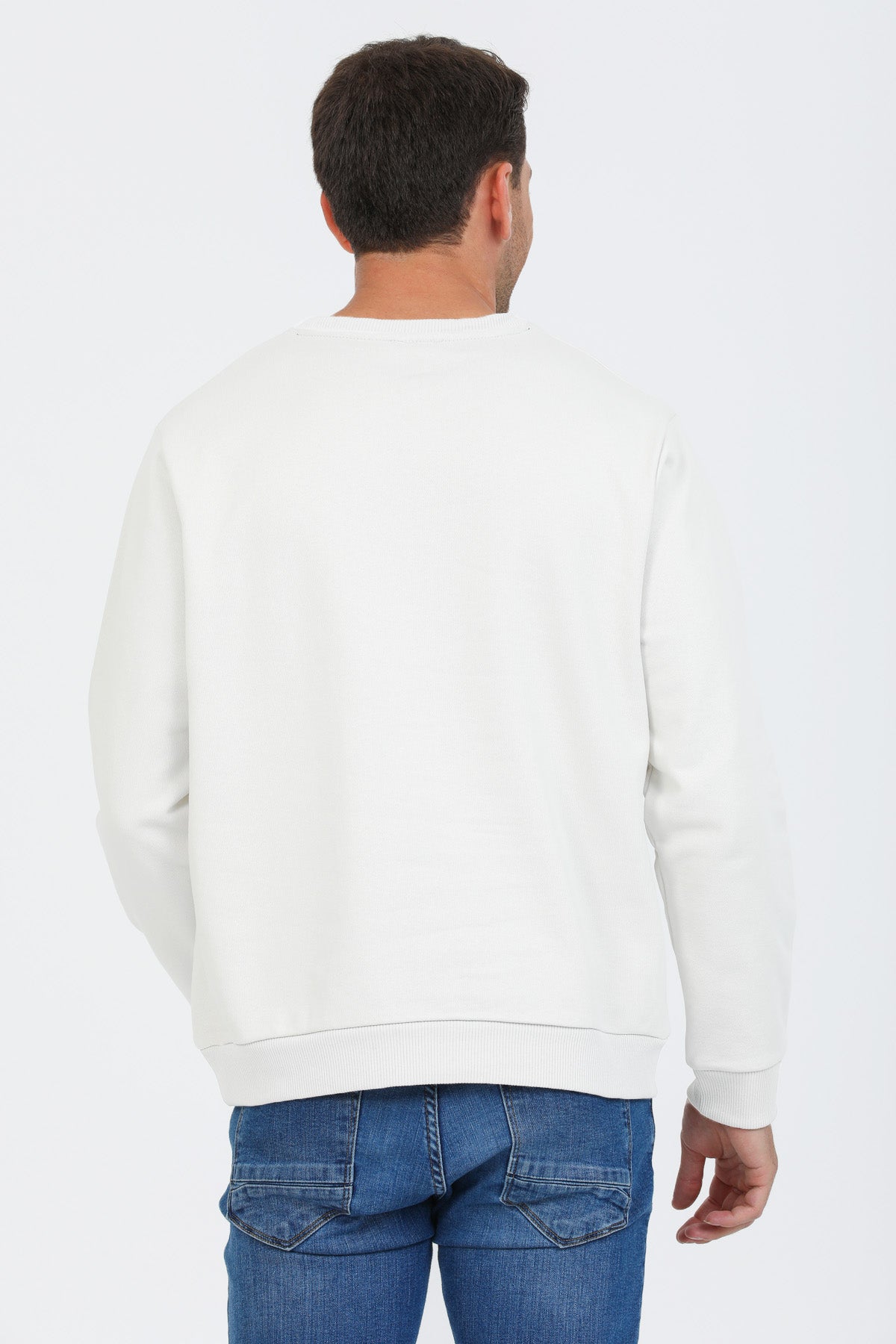 Kırık Beyaz Kapüşonsuz Bisiklet Yaka Basic Sweatshirt
