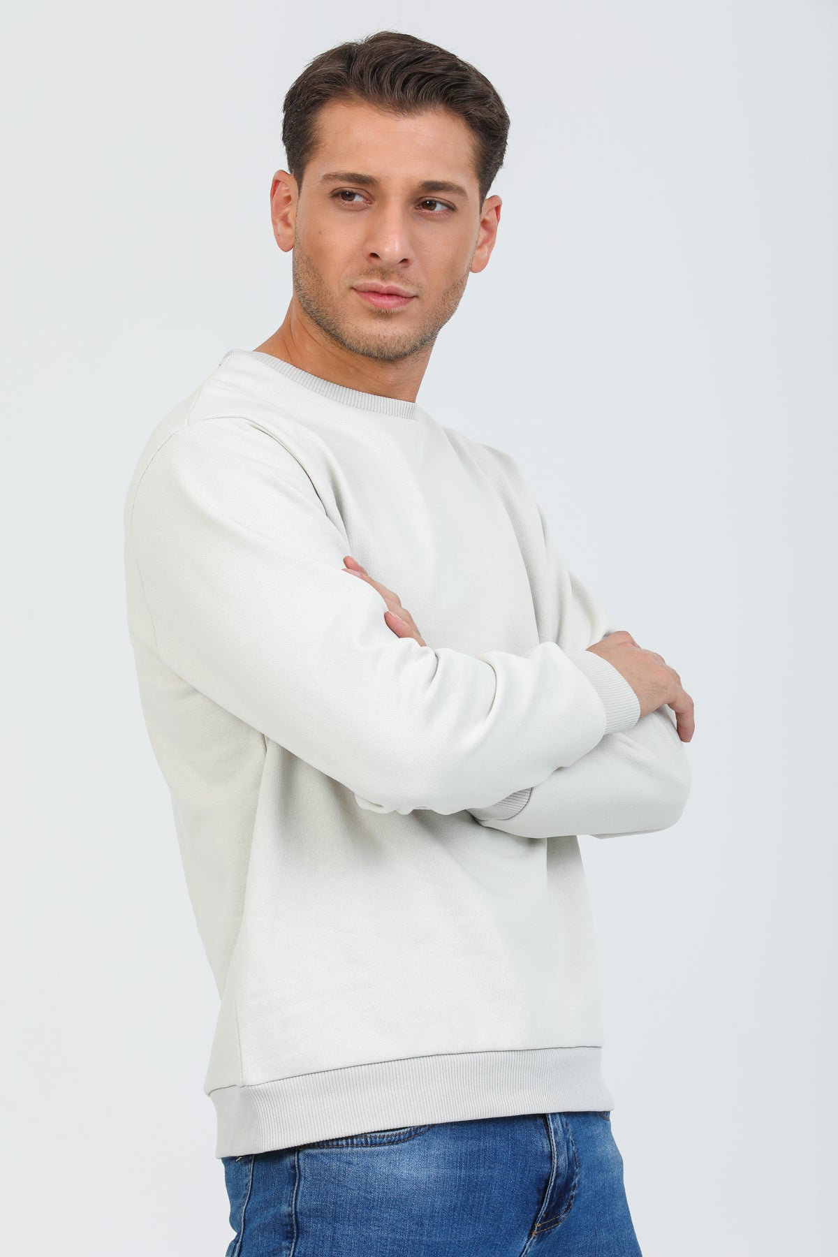 Bej Kapüşonsuz Bisiklet Yaka Basic Sweatshirt