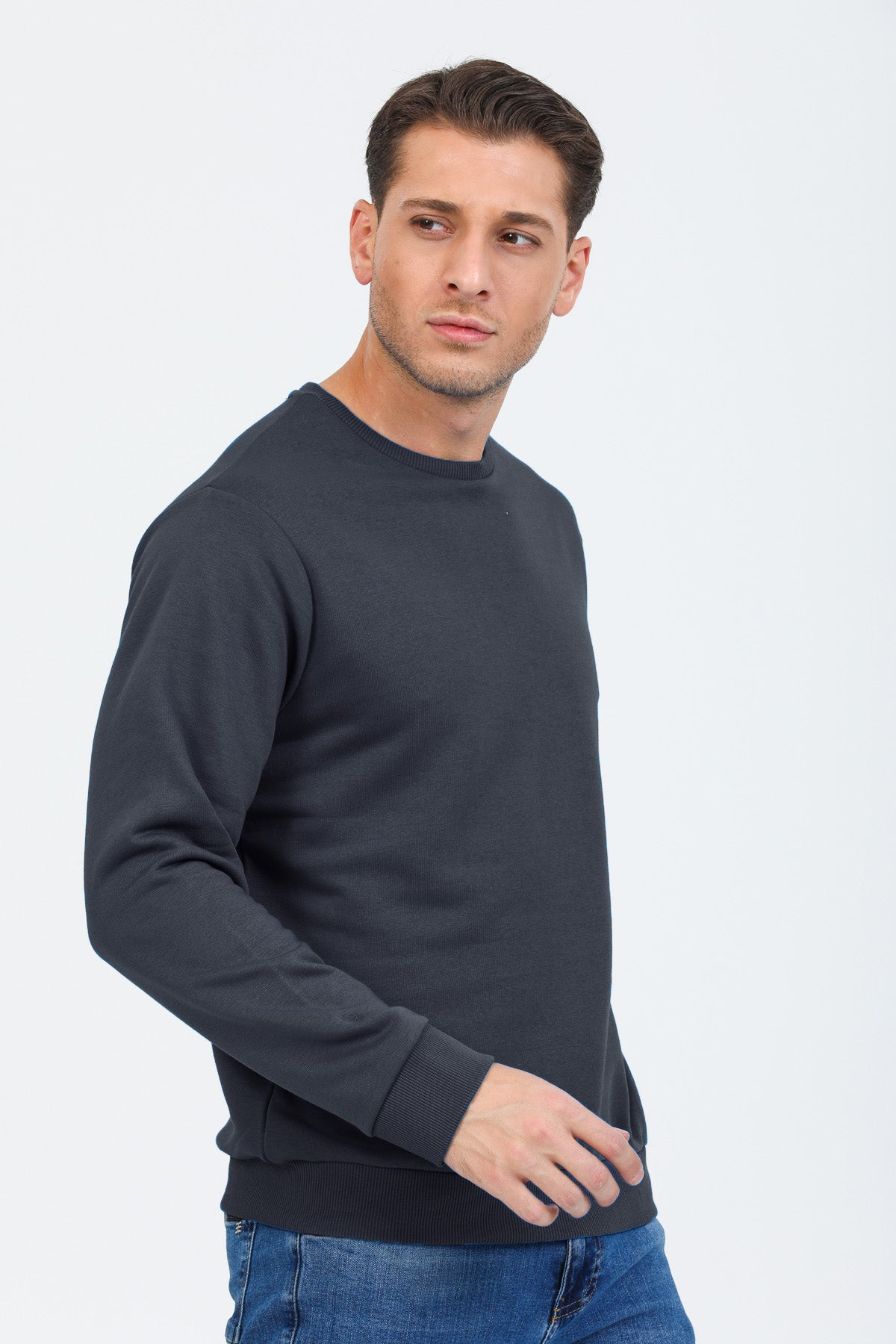 Antrasit Kapüşonsuz Bisiklet Yaka Basic Sweatshirt