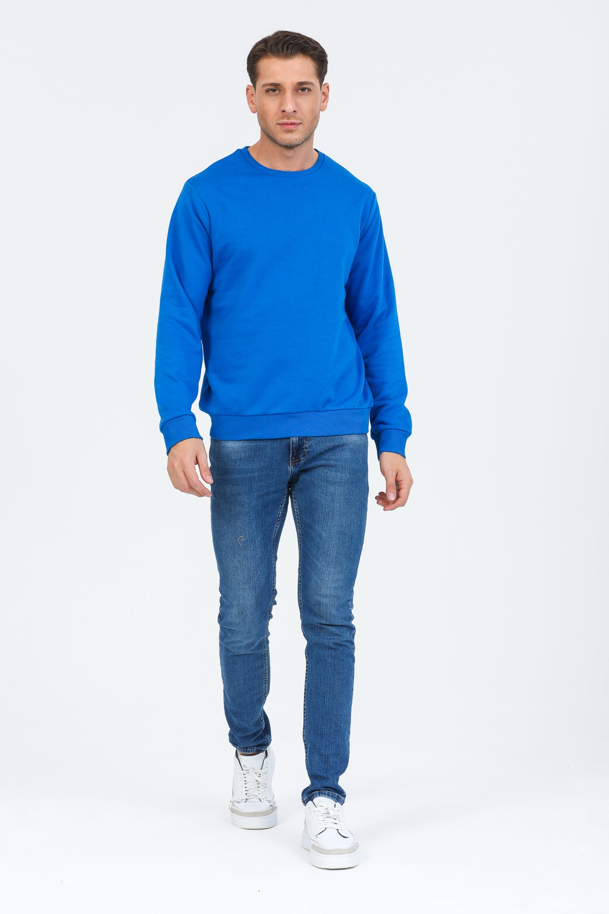 Saks Mavisi Kapüşonsuz Bisiklet Yaka Basic Sweatshirt