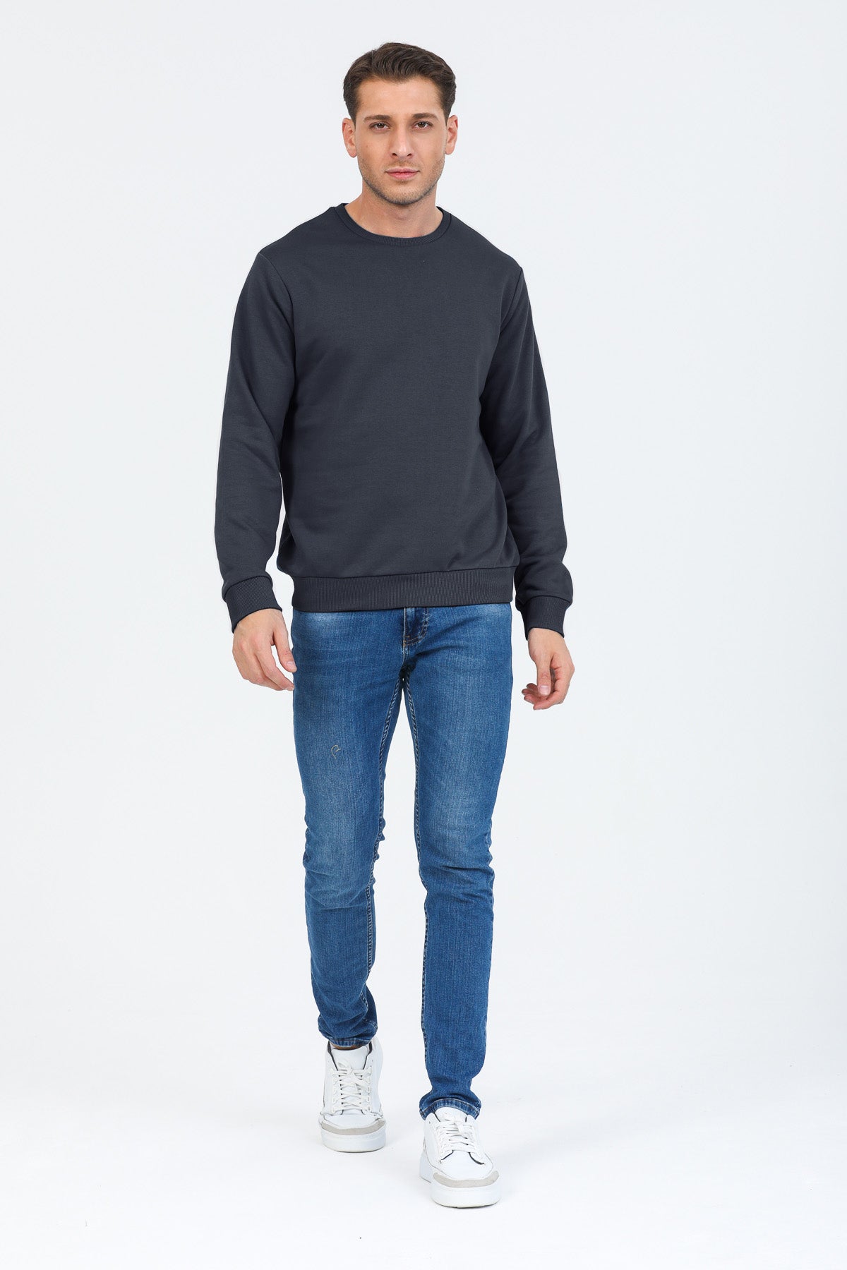 Antrasit Kapüşonsuz Bisiklet Yaka Basic Sweatshirt