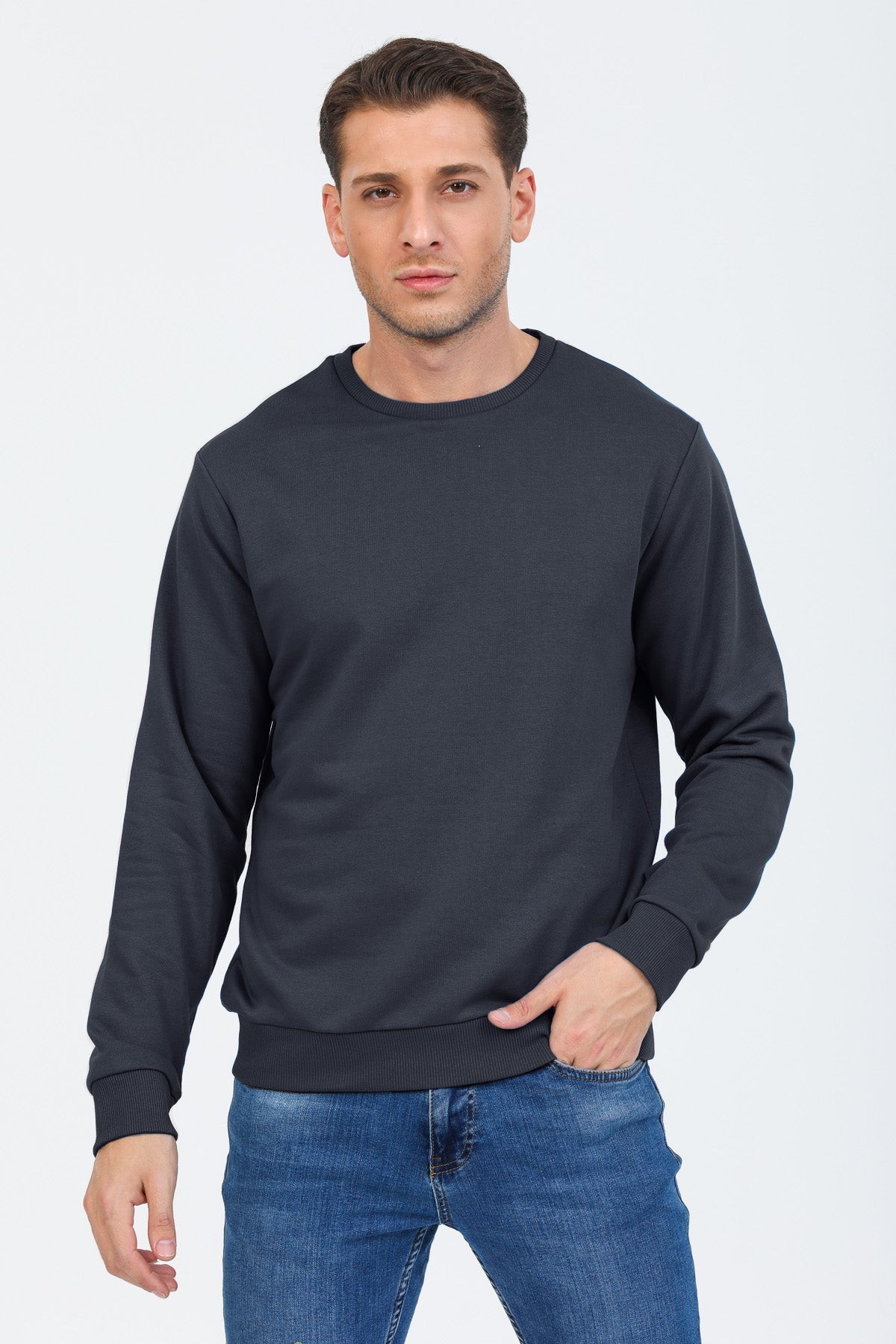 Antrasit Kapüşonsuz Bisiklet Yaka Basic Sweatshirt