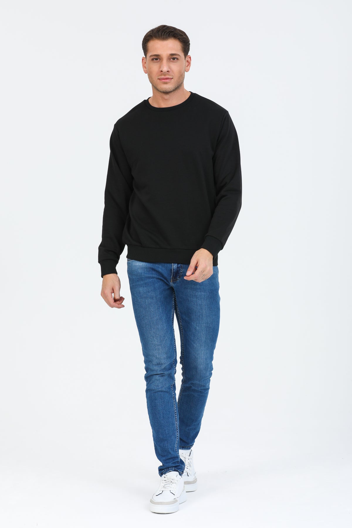 Siyah Kapüşonsuz Bisiklet Yaka Basic Sweatshirt
